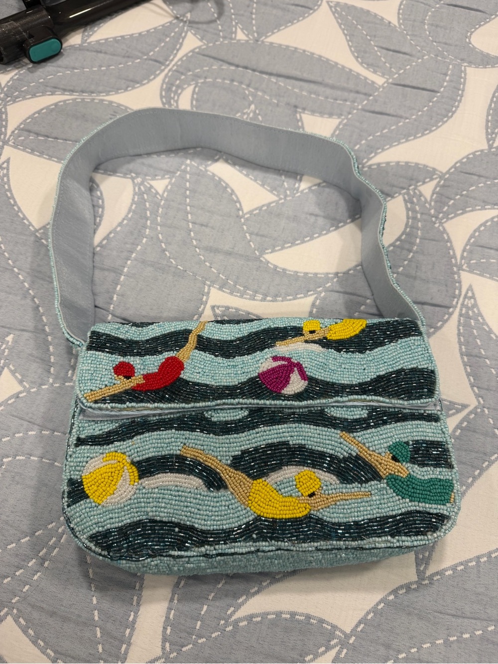 Beaded Swimmers Crossbody Bag in Light Blue